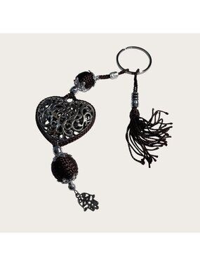 Heart Shaped Filigree Boho Keychain Keyring Brown Tassel & Hamsa Charm
